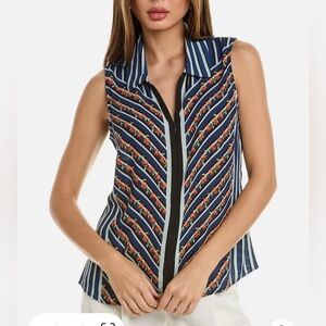 Cabi 6318 Chevron Top Flower Row Sleeveless Blouse Collared Womens XS Peplum $97